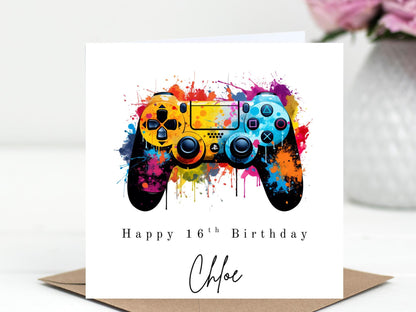 PlayStation style Controller Birthday Card - Personalised Gamer Card - Choice of 6 Colours - Splash Art