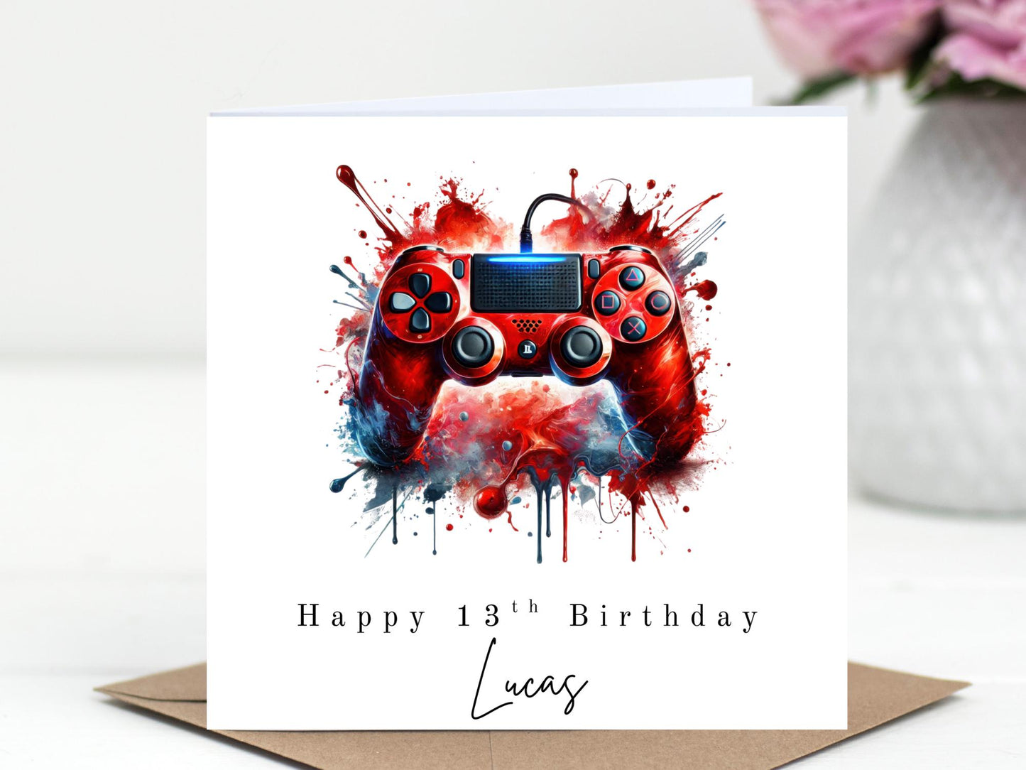 PlayStation style Controller Birthday Card - Personalised Gamer Card - Choice of 6 Colours - Splash Art