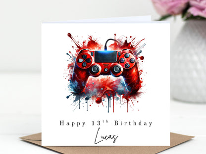 PlayStation style Controller Birthday Card - Personalised Gamer Card - Choice of 6 Colours - Splash Art