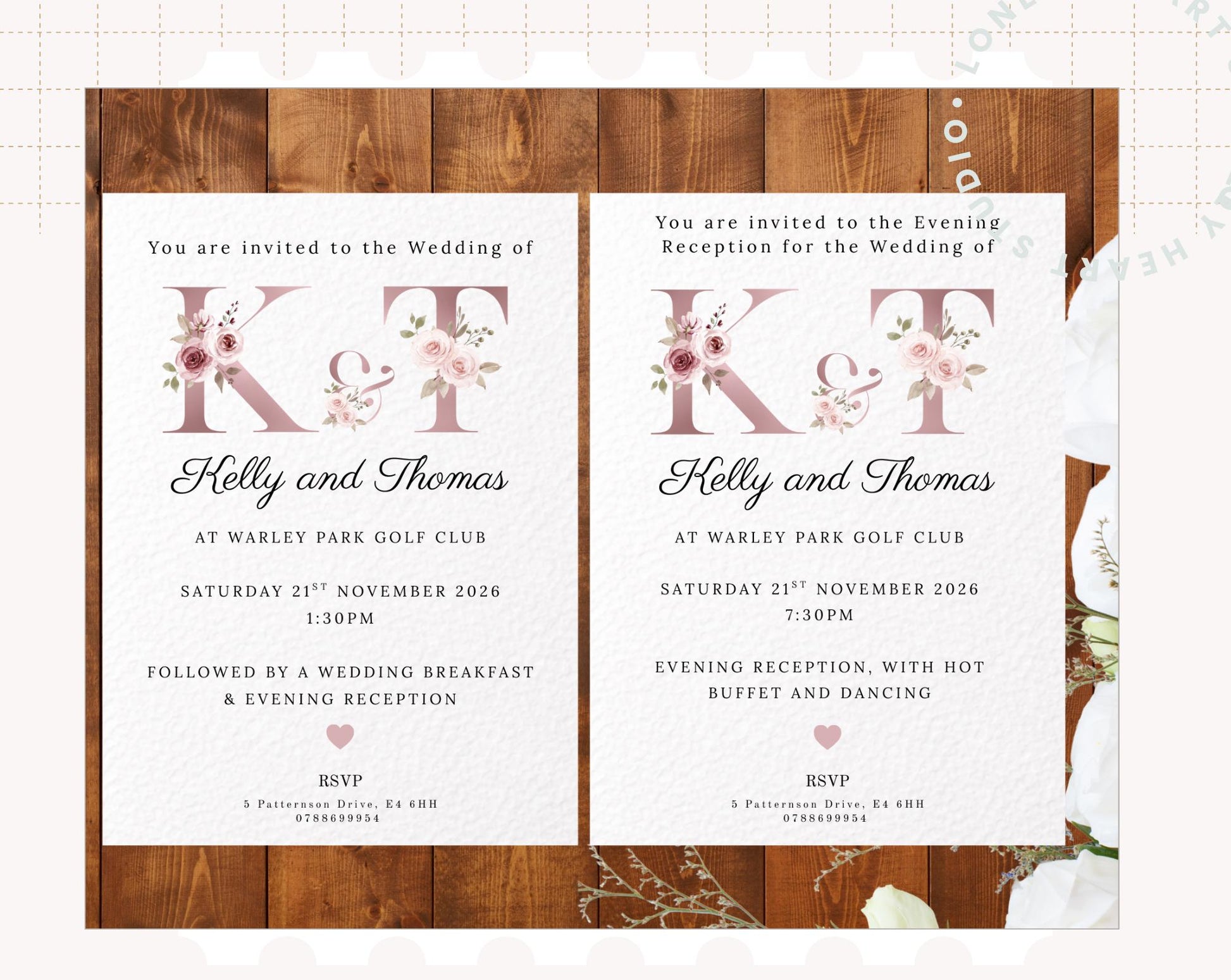 Floral Pink Blush Initial Wedding Invitations with Envelopes