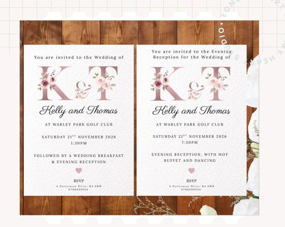 Floral Pink Blush Initial Wedding Invitations with Envelopes