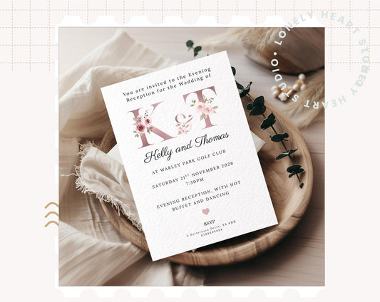 Floral Pink Blush Initial Wedding Invitations with Envelopes