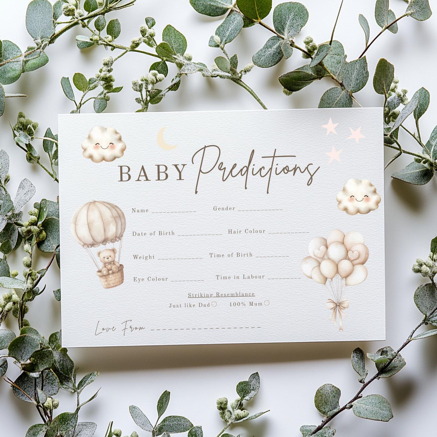 Baby Predictions cards - Baby Shower Game Teddy Bear with Balloons