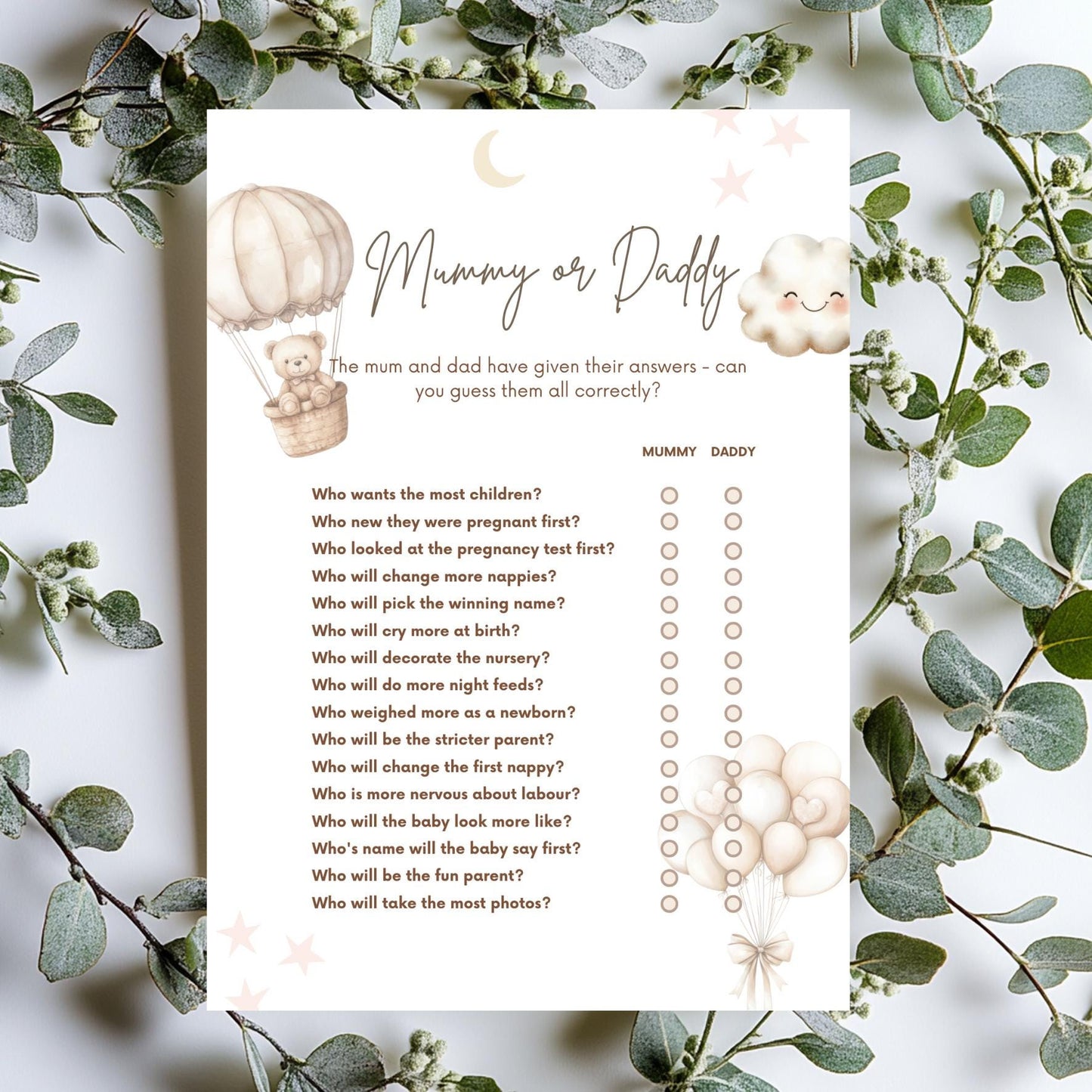 Mummy or Daddy - Guess Who, Baby Shower Game Teddy Bear with Balloons