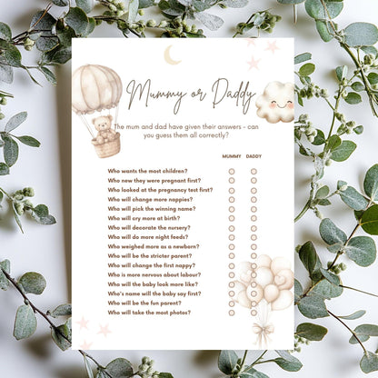 Mummy or Daddy - Guess Who, Baby Shower Game Teddy Bear with Balloons