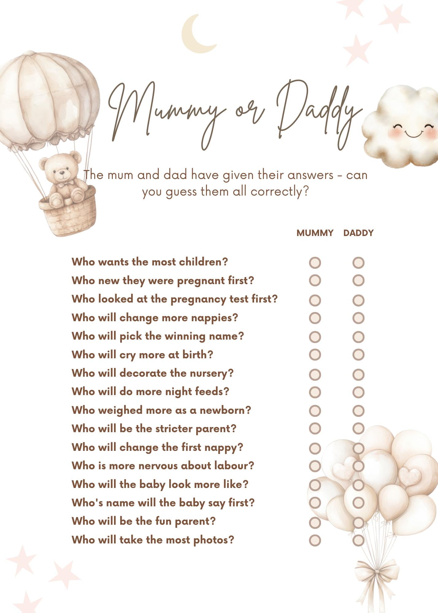 Mummy or Daddy - Guess Who, Baby Shower Game Teddy Bear with Balloons