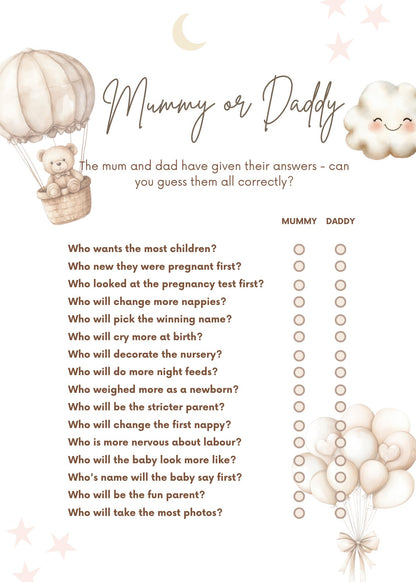 Mummy or Daddy - Guess Who, Baby Shower Game Teddy Bear with Balloons