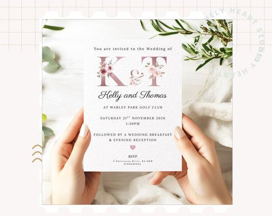 Floral Pink Blush Initial Wedding Invitations with Envelopes