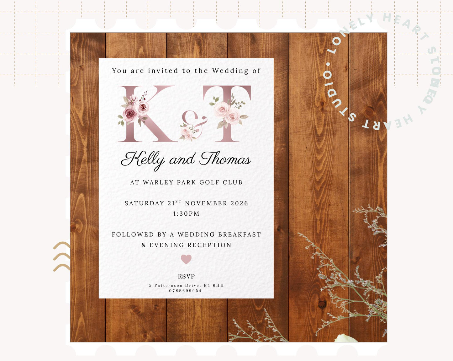 Floral Pink Blush Initial Wedding Invitations with Envelopes