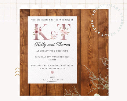 Floral Pink Blush Initial Wedding Invitations with Envelopes