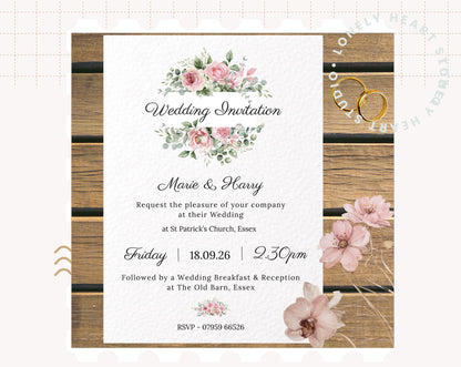 Floral Pink Blush Wedding Invitation Set