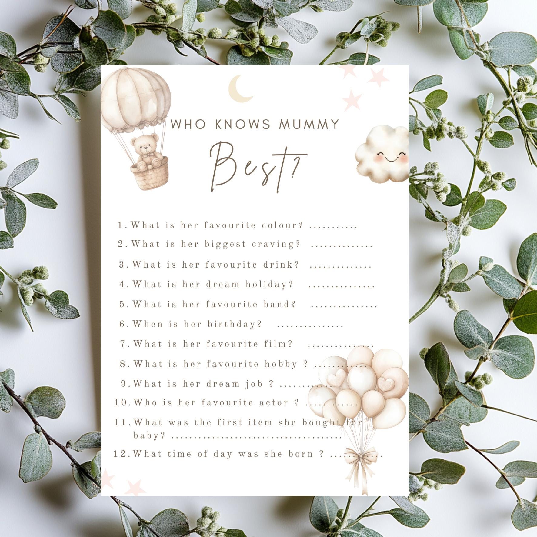 Teddy Bear Baby Shower Game Cards