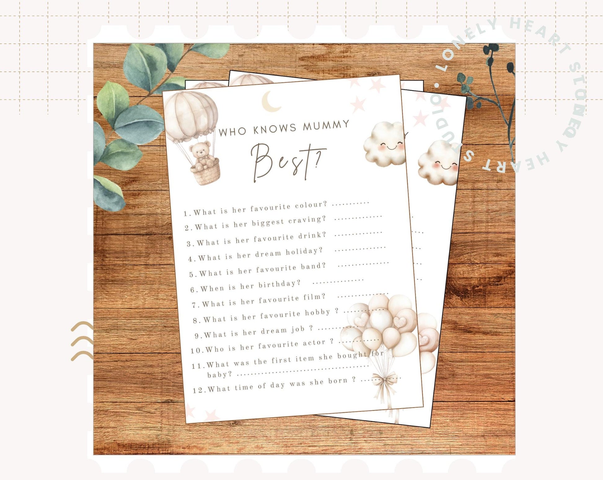 Teddy Bear Baby Shower Game Cards