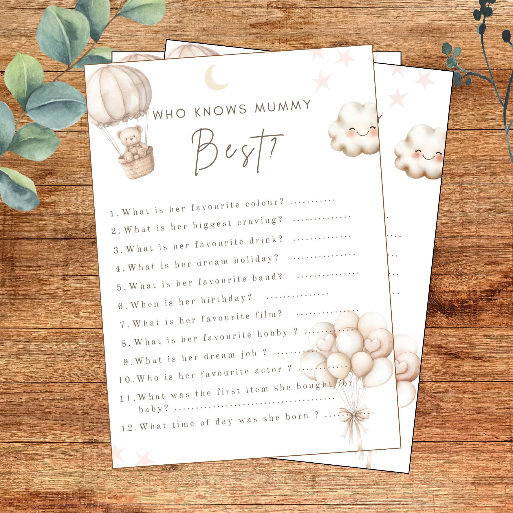 Teddy Bear Baby Shower Game Cards