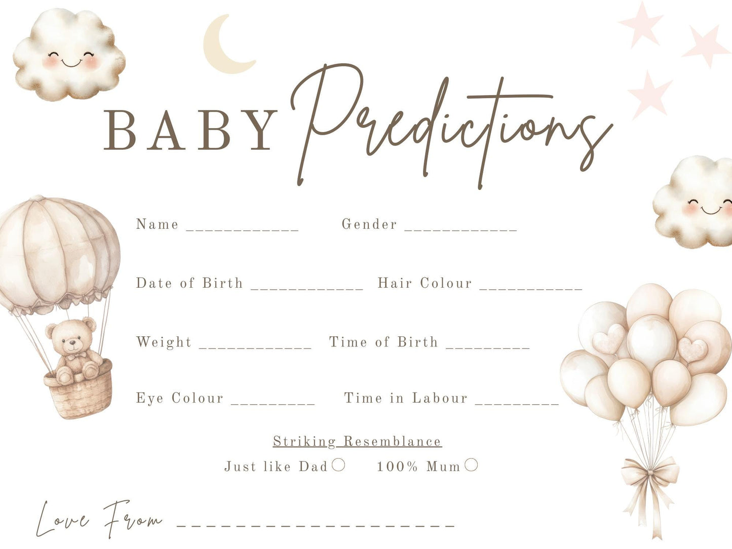 Baby Predictions cards - Baby Shower Game Teddy Bear with Balloons