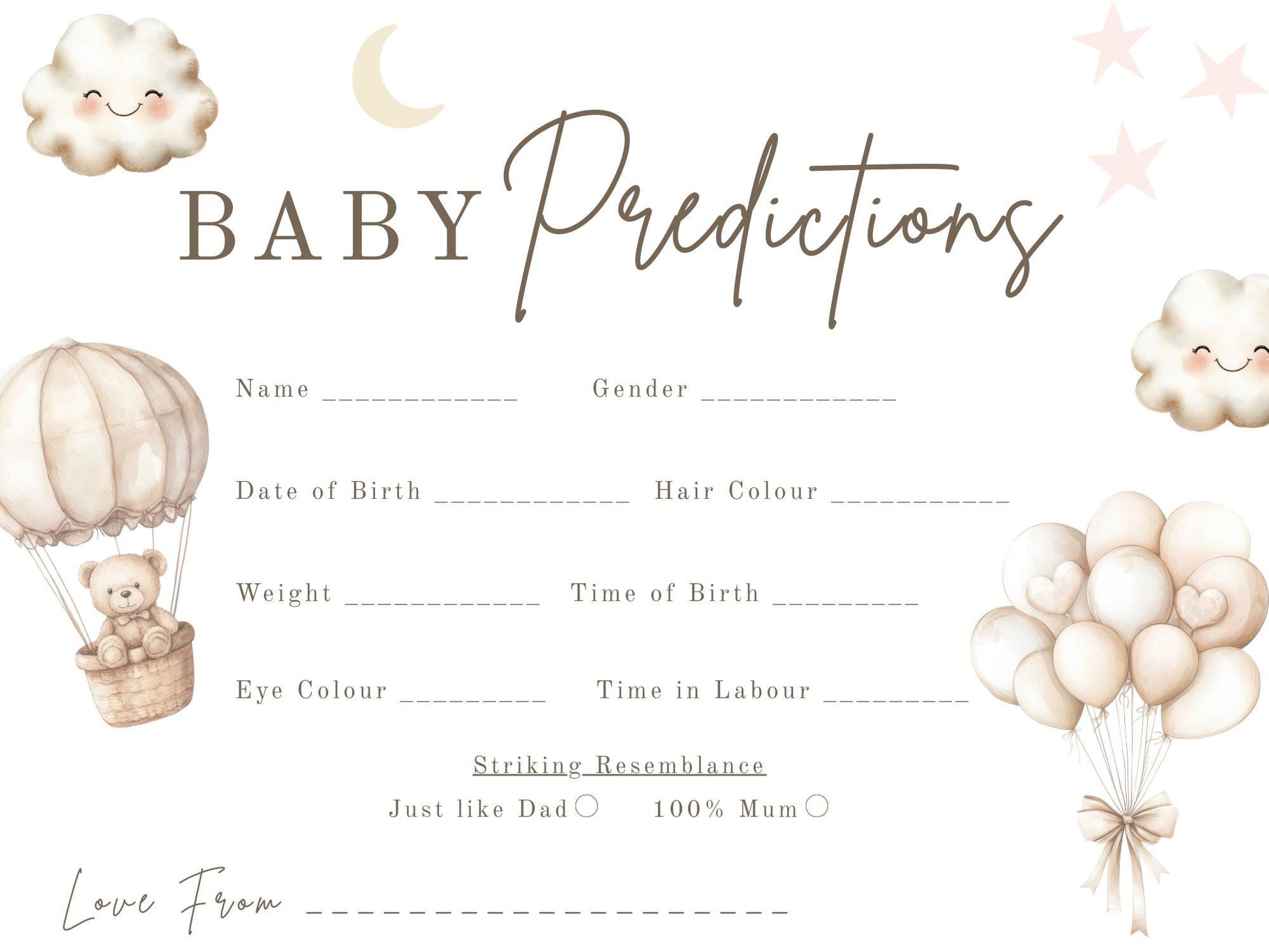 Baby Predictions cards - Baby Shower Game Teddy Bear with Balloons