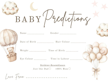 Baby Predictions cards - Baby Shower Game Teddy Bear with Balloons
