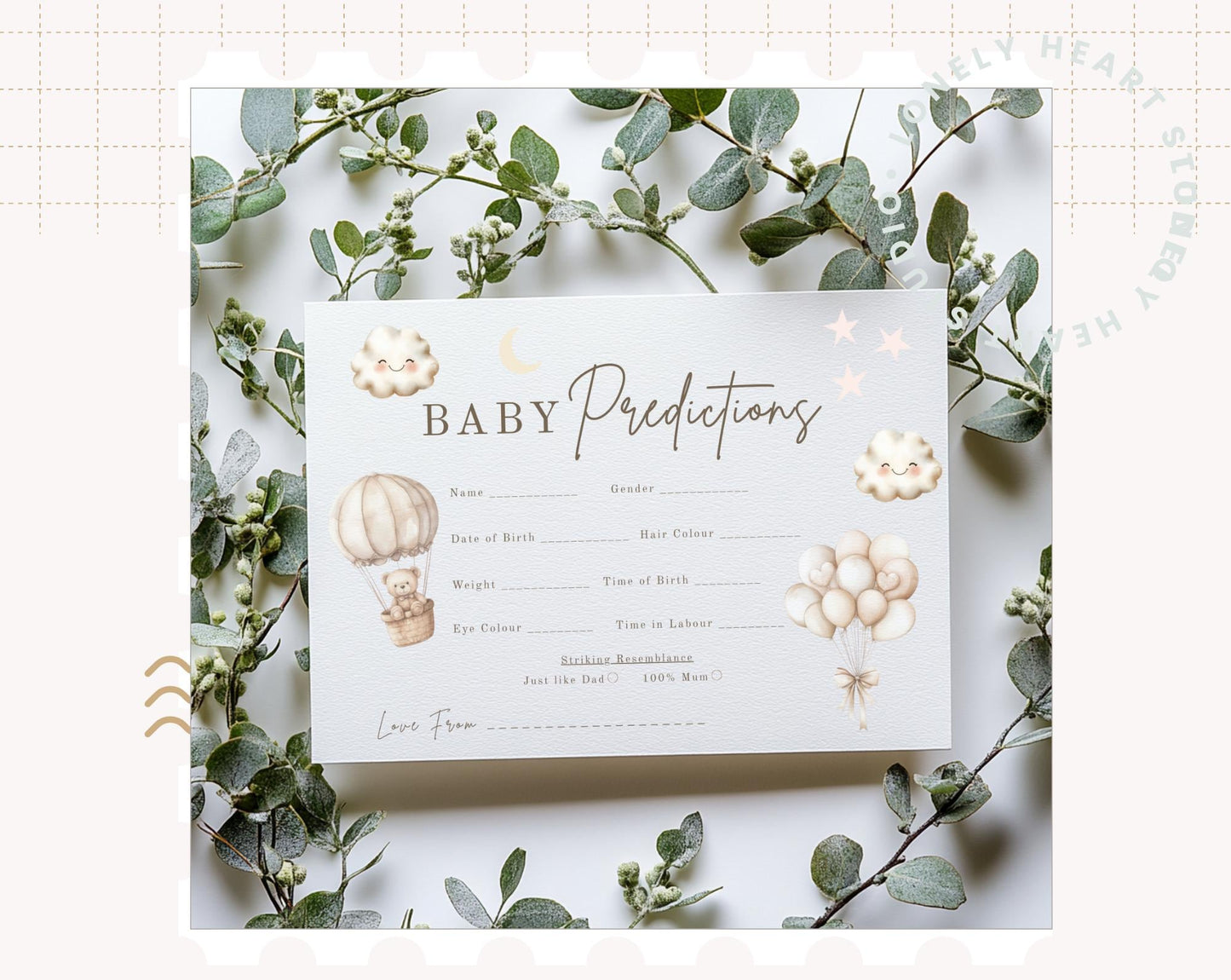Baby Predictions cards - Baby Shower Game Teddy Bear with Balloons