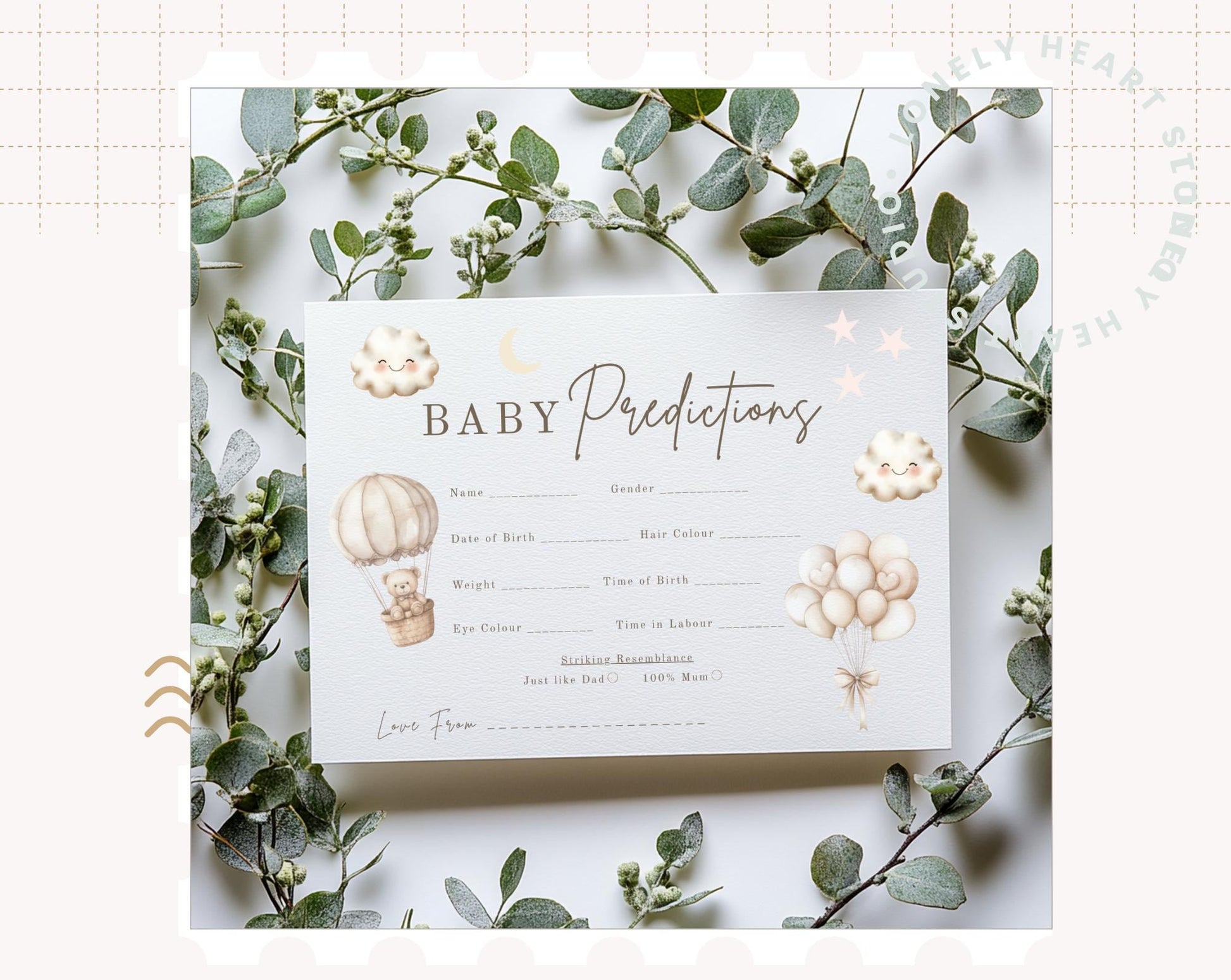 Baby Predictions cards - Baby Shower Game Teddy Bear with Balloons