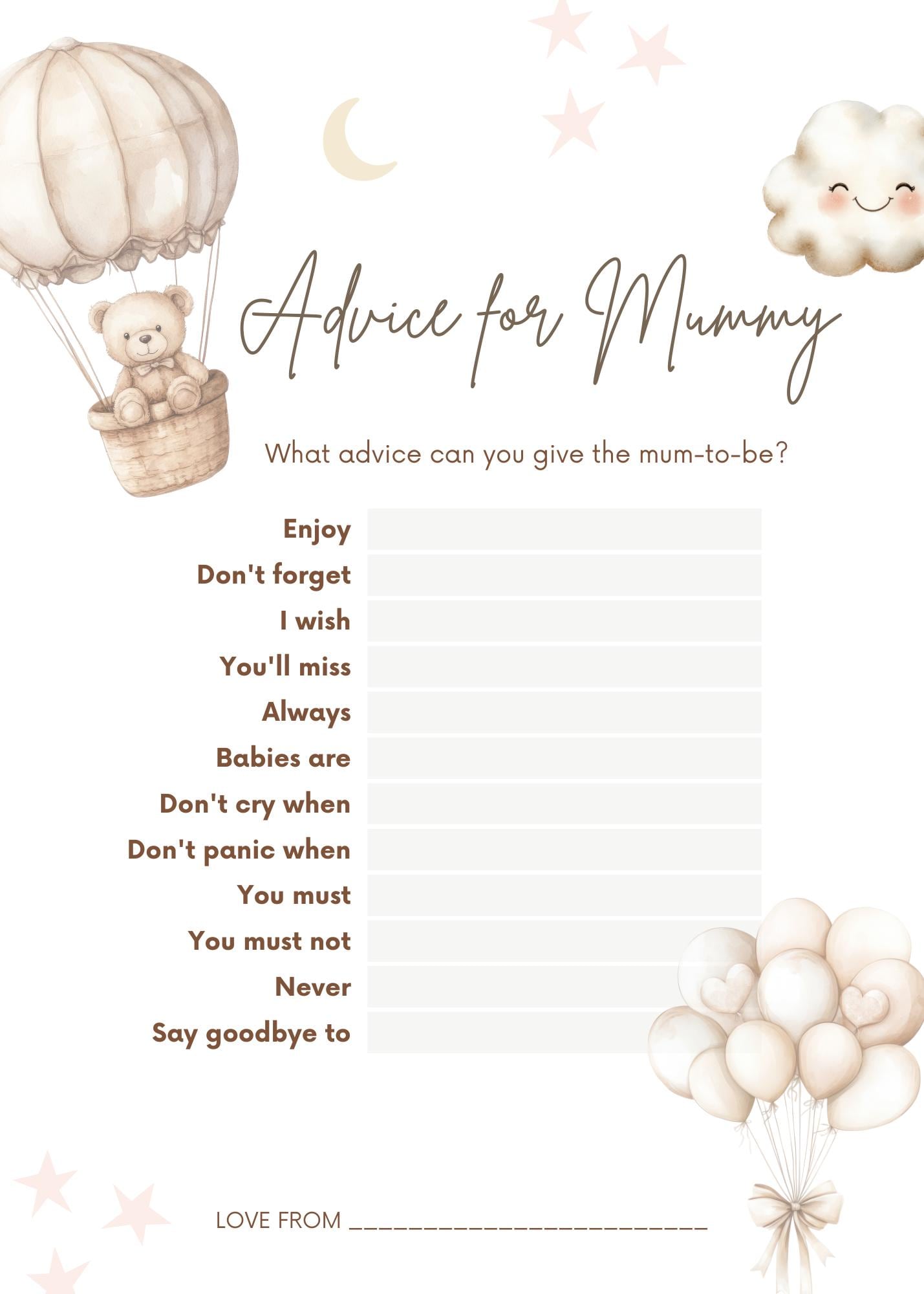 Advice for Mummy - Baby Shower Game Teddy Bear with Balloons