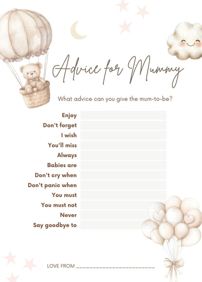 Advice for Mummy - Baby Shower Game Teddy Bear with Balloons