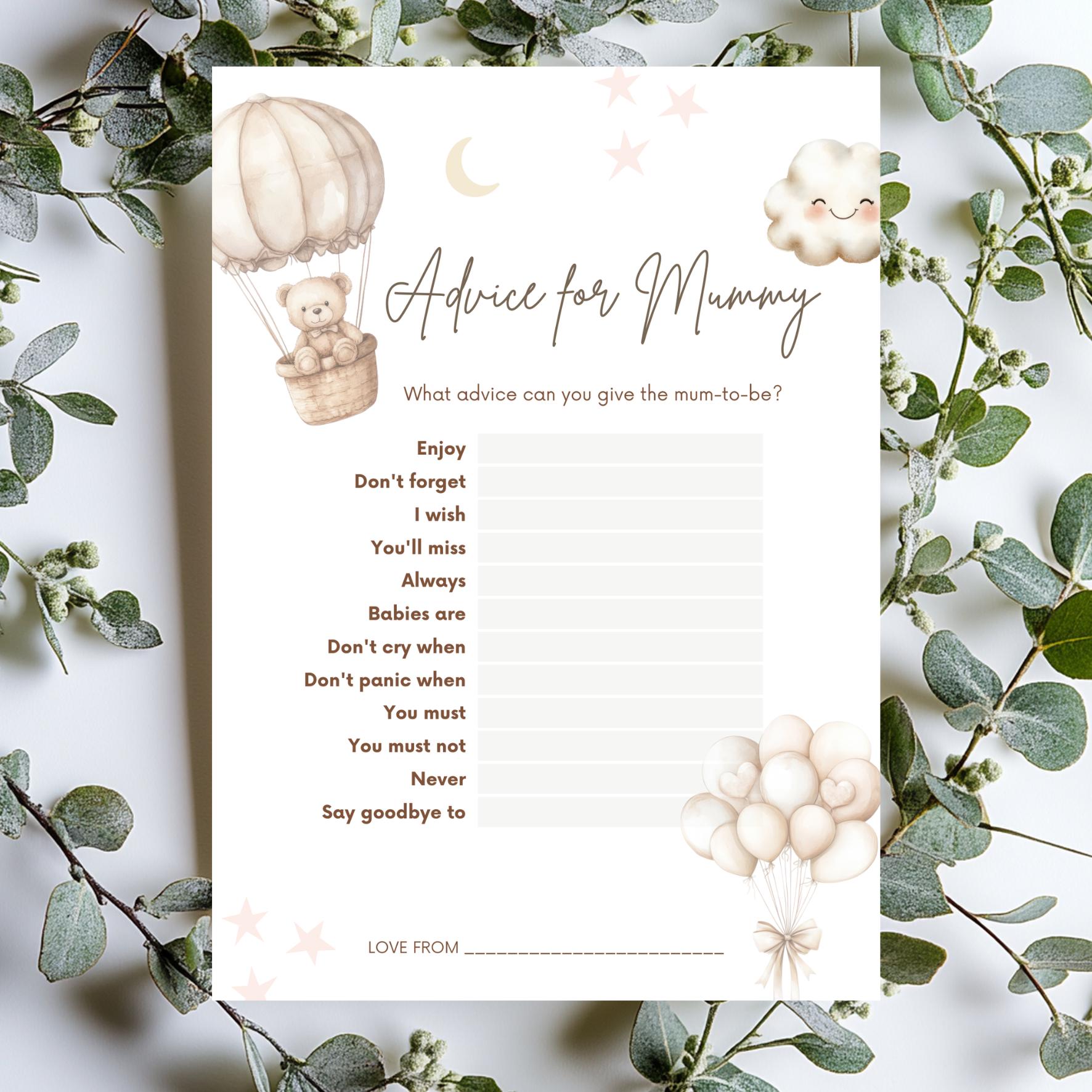 Advice for Mummy - Baby Shower Game Teddy Bear with Balloons