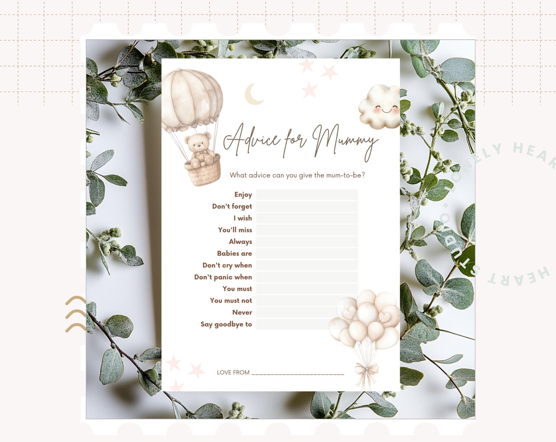 Advice for Mummy - Baby Shower Game Teddy Bear with Balloons