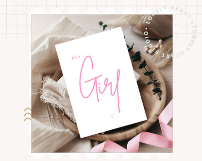 Its a Girl, Handmade Luxury Gender Reveal Pink FOIL Card