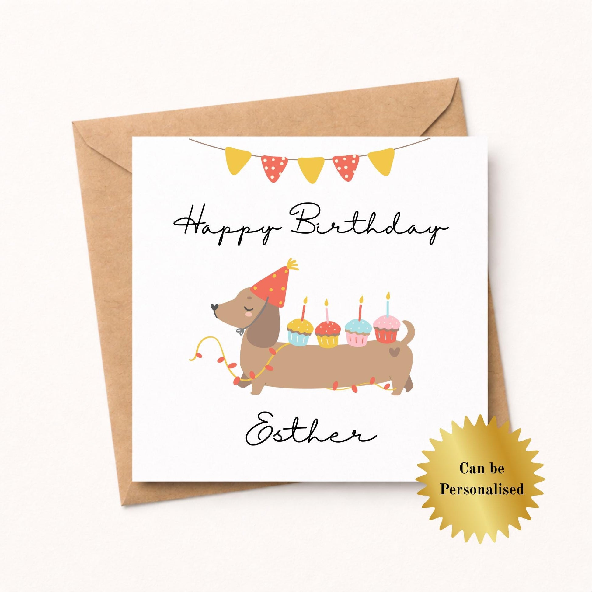 Personalised Dachshund Birthday Card: Handmade Sausage Dog with Cupcakes