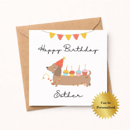 Personalised Dachshund Birthday Card: Handmade Sausage Dog with Cupcakes
