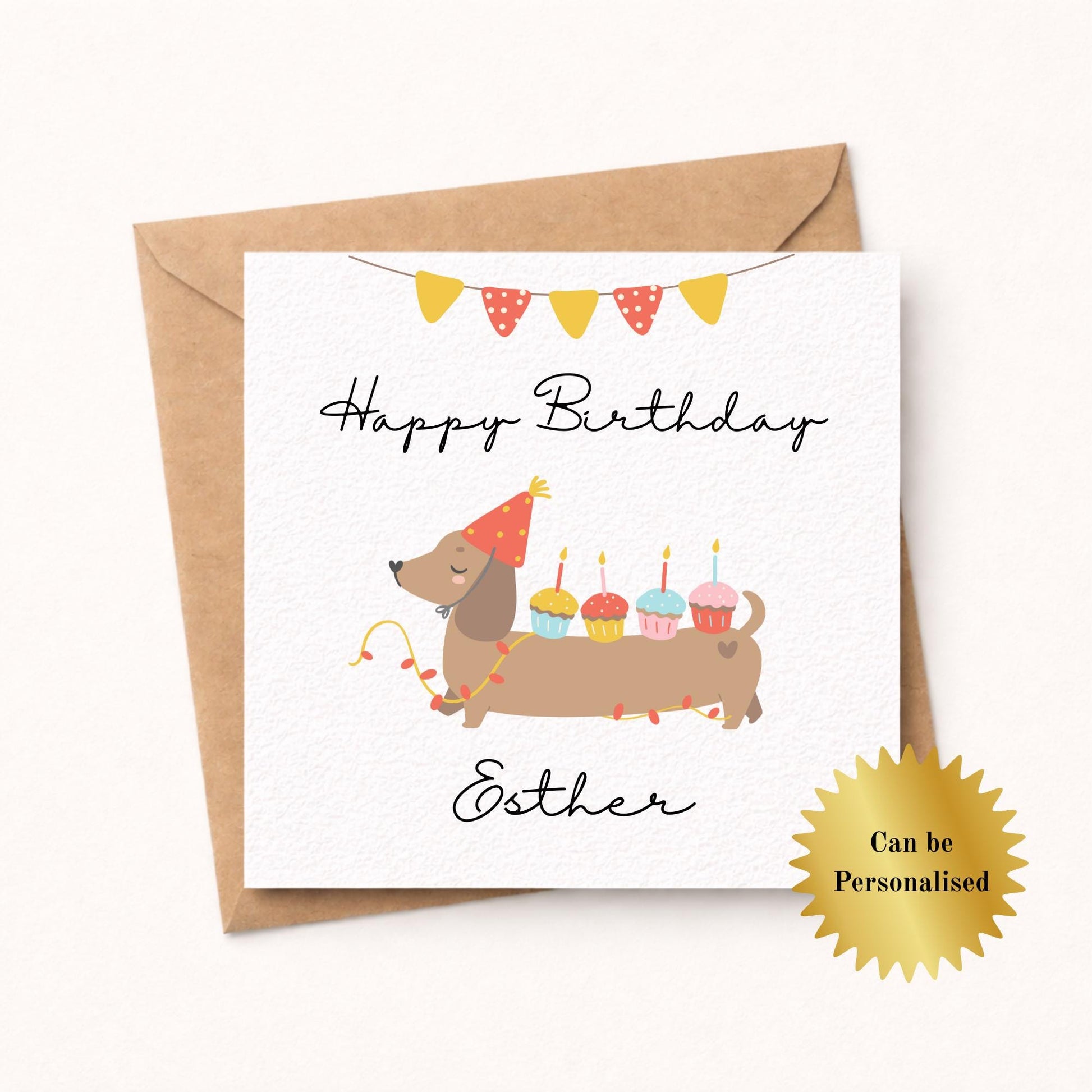 Personalised Dachshund Birthday Card: Handmade Sausage Dog with Cupcakes