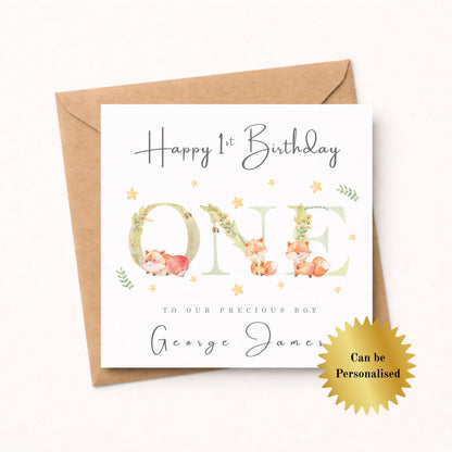 Personalised 1st (First) Birthday Card: Woodland Fox Theme