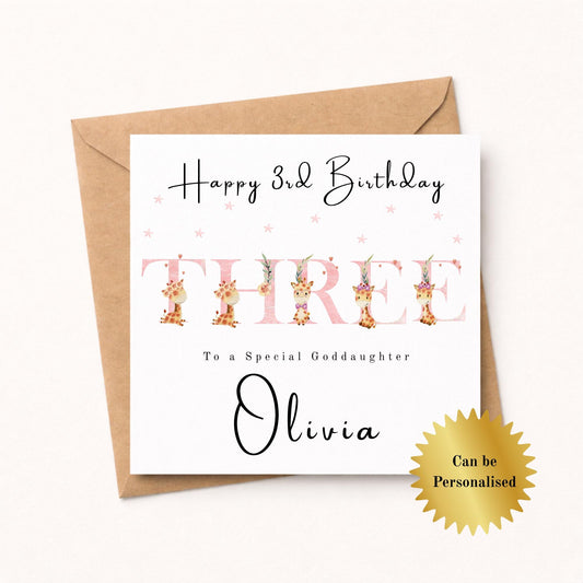Personalised Pink Age Giraffe Birthday Card for her