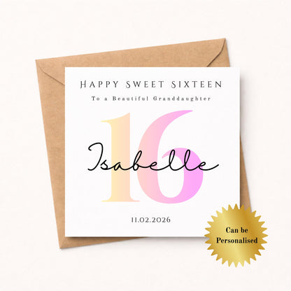 Personalised Ombre Pink Sweet Sixteen Birthday Card For Her- Milestone - Pink