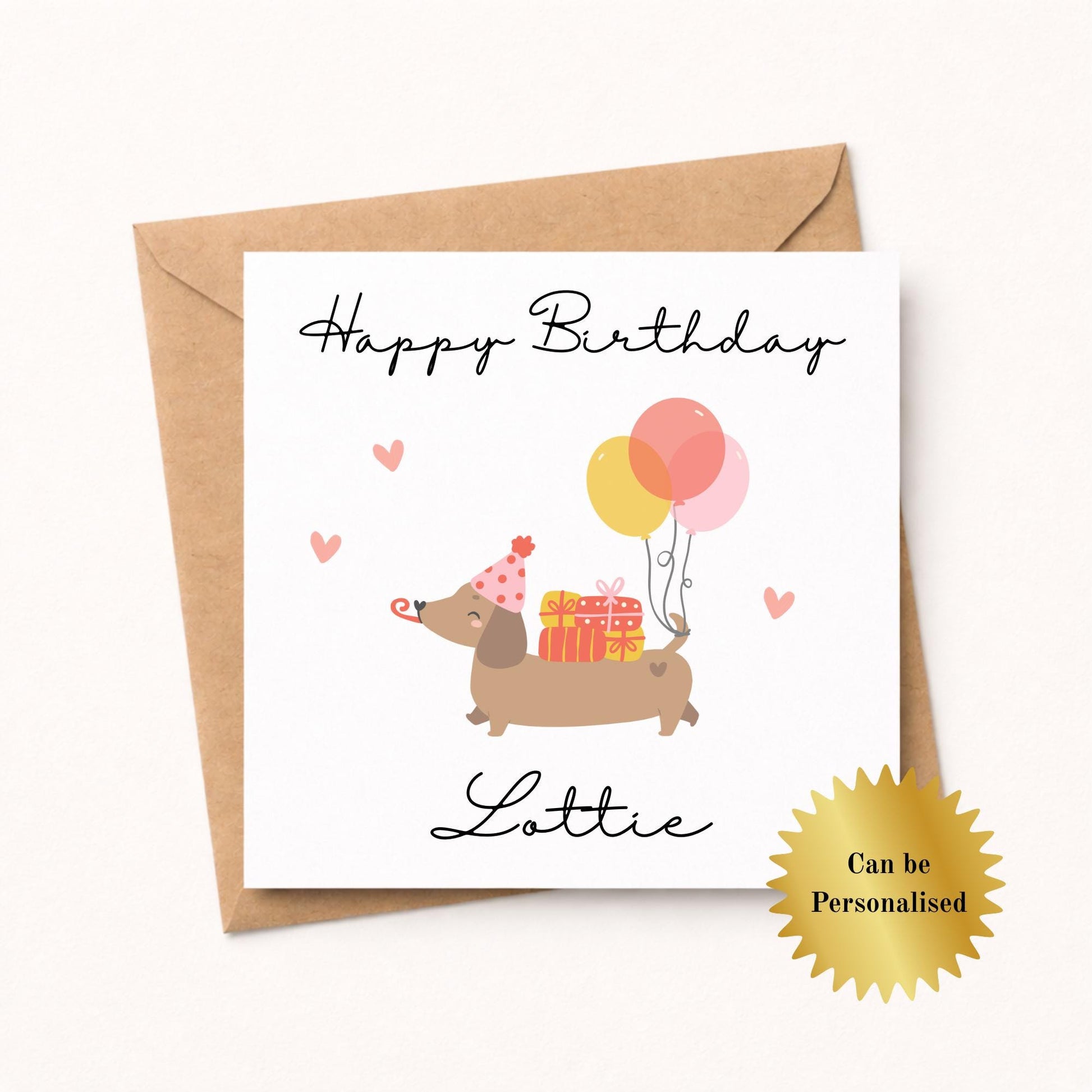 Personalised Dachshund Birthday Card Cute Sausage Dog Card Balloons
