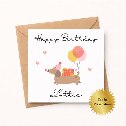 Personalised Dachshund Birthday Card Cute Sausage Dog Card Balloons