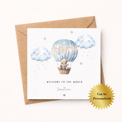 Personalised New Baby Boy Card – Welcome to the World - Teddy Bear