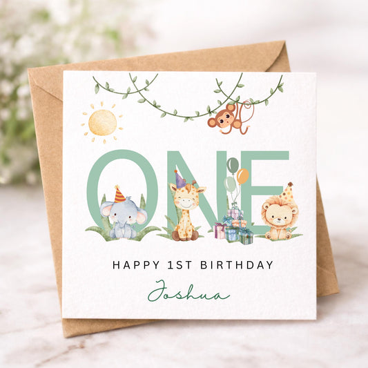 Safari Animals First Birthday Card