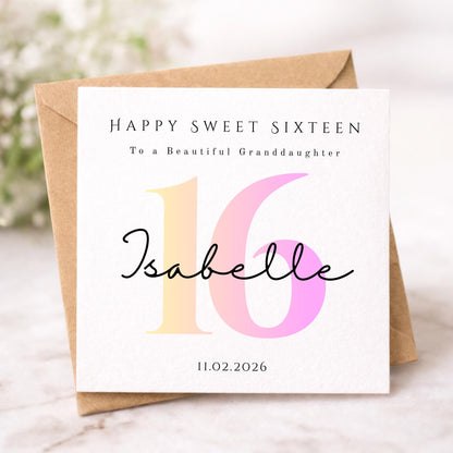 Personalised Ombre Pink Sweet Sixteen Birthday Card For Her- Milestone - Pink