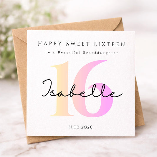 Personalised Ombre Pink Sweet Sixteen Birthday Card For Her- Milestone - Pink