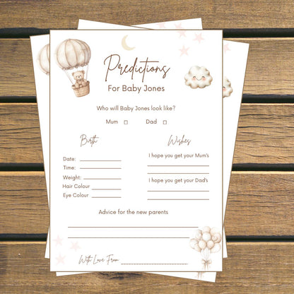 Personalised Baby Predictions cards - Baby Shower Game Teddy Bear with Balloons