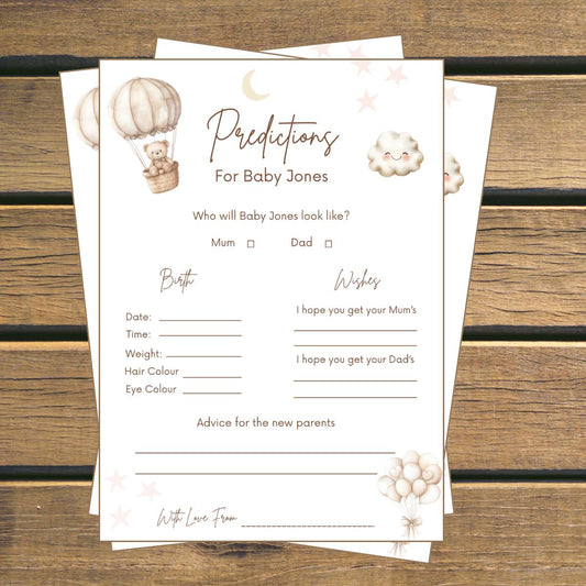 Personalised Baby Predictions cards - Baby Shower Game Teddy Bear with Balloons