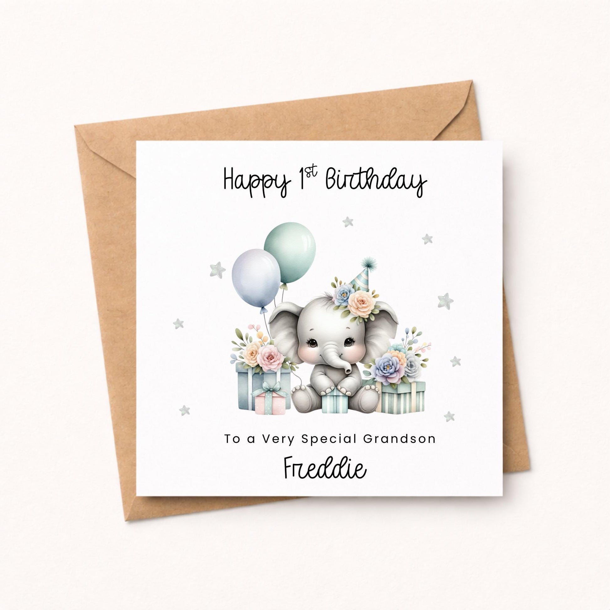 Grandson 1st Birthday Card, Pastel Elephant with Balloons for Special Son