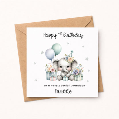 Grandson 1st Birthday Card, Pastel Elephant with Balloons for Special Son