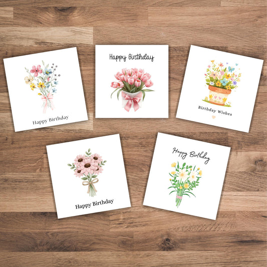 Handmade Birthday Cards set: Floral Bouquet Birthday Designs Pack of 5 Birthday Greetings