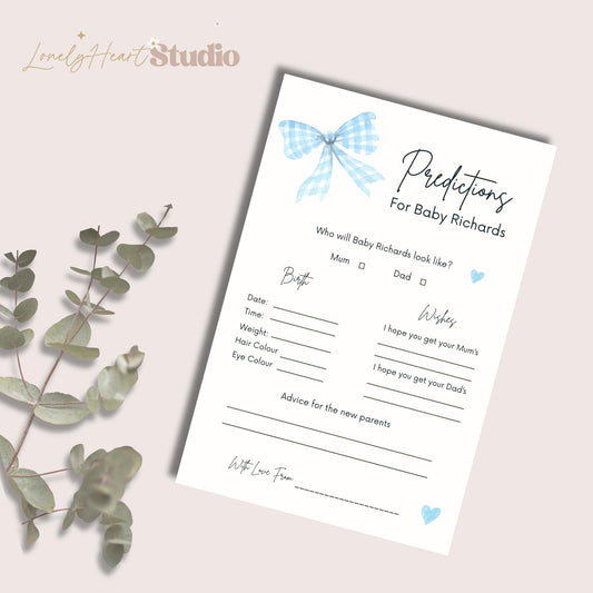 Personalised Baby Shower Predictions cards - Baby Shower Game Blue Gingham Bow