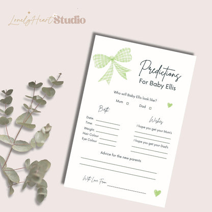 Personalised Baby Predictions cards - Baby Shower Game Green Gingham Bow