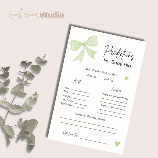 Personalised Baby Predictions cards - Baby Shower Game Green Gingham Bow