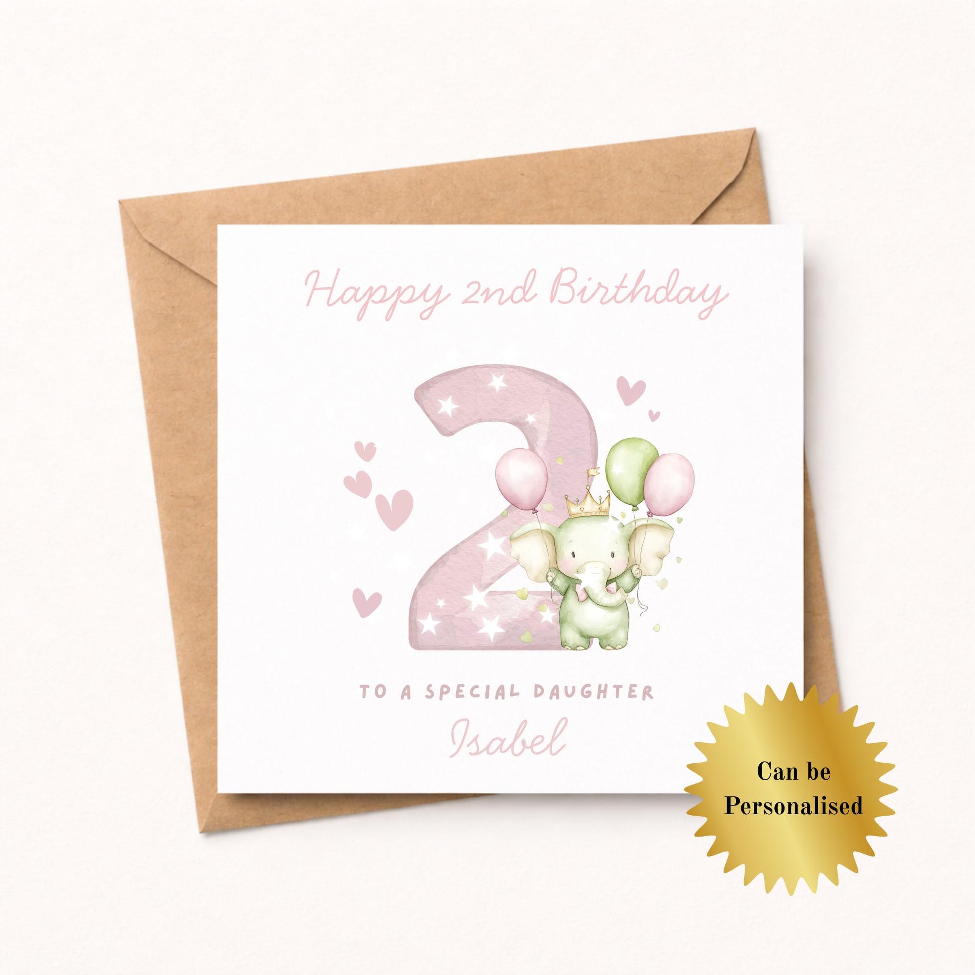 Personalised Elephant Custom Age name pink Birthday Card