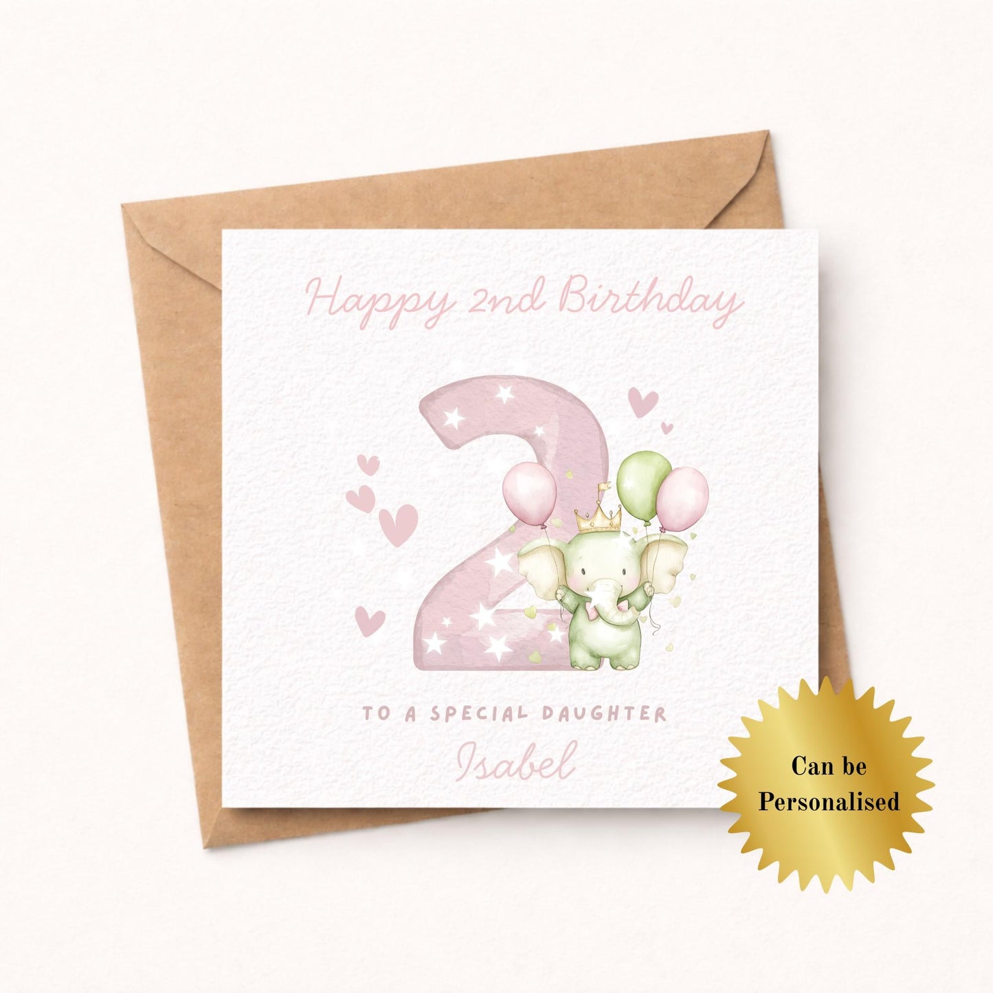 Personalised Elephant Custom Age name pink Birthday Card
